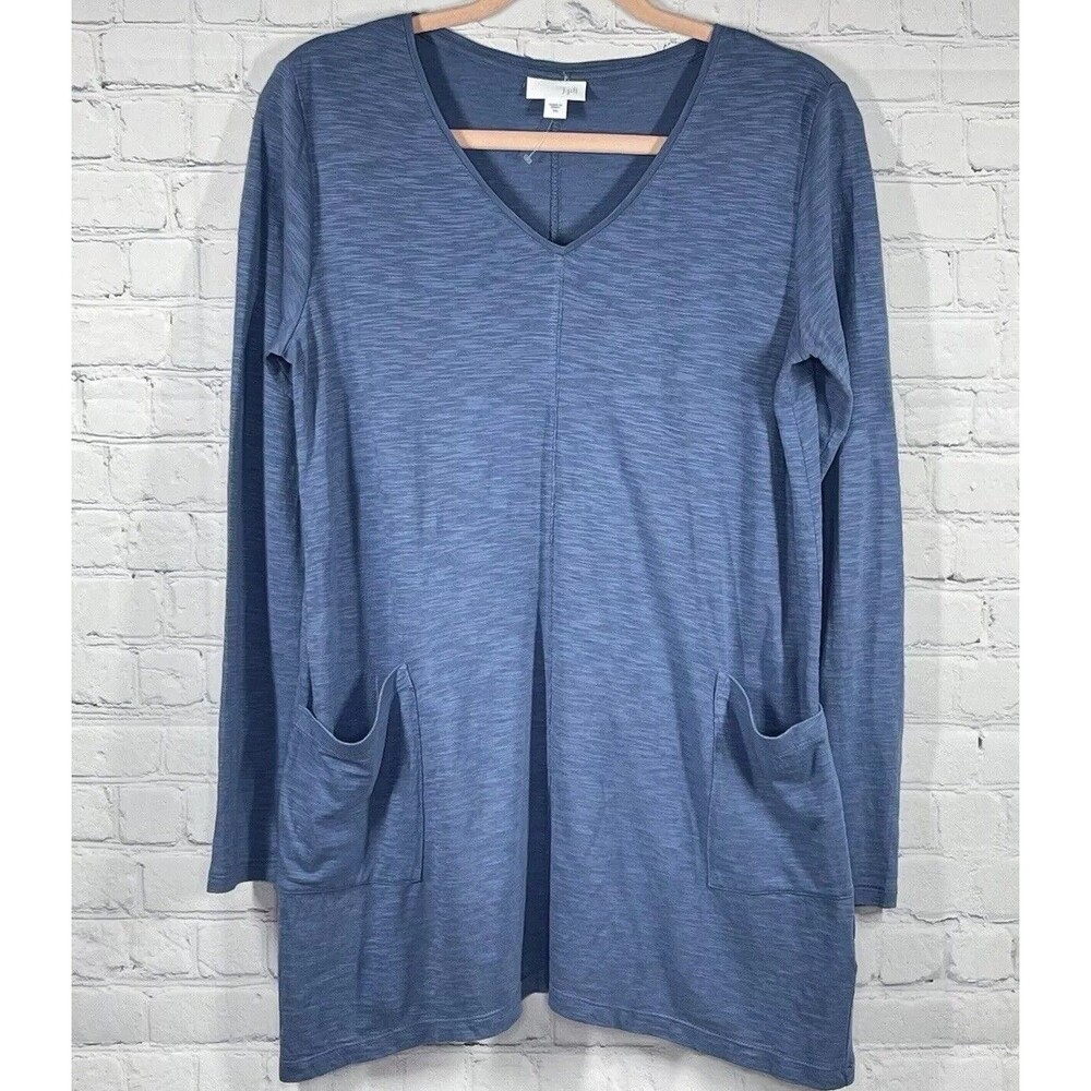 J. Jill Tunic Women XS Blue Long Sleeve Pocket Tee Top V Neck Minimalist Preppy